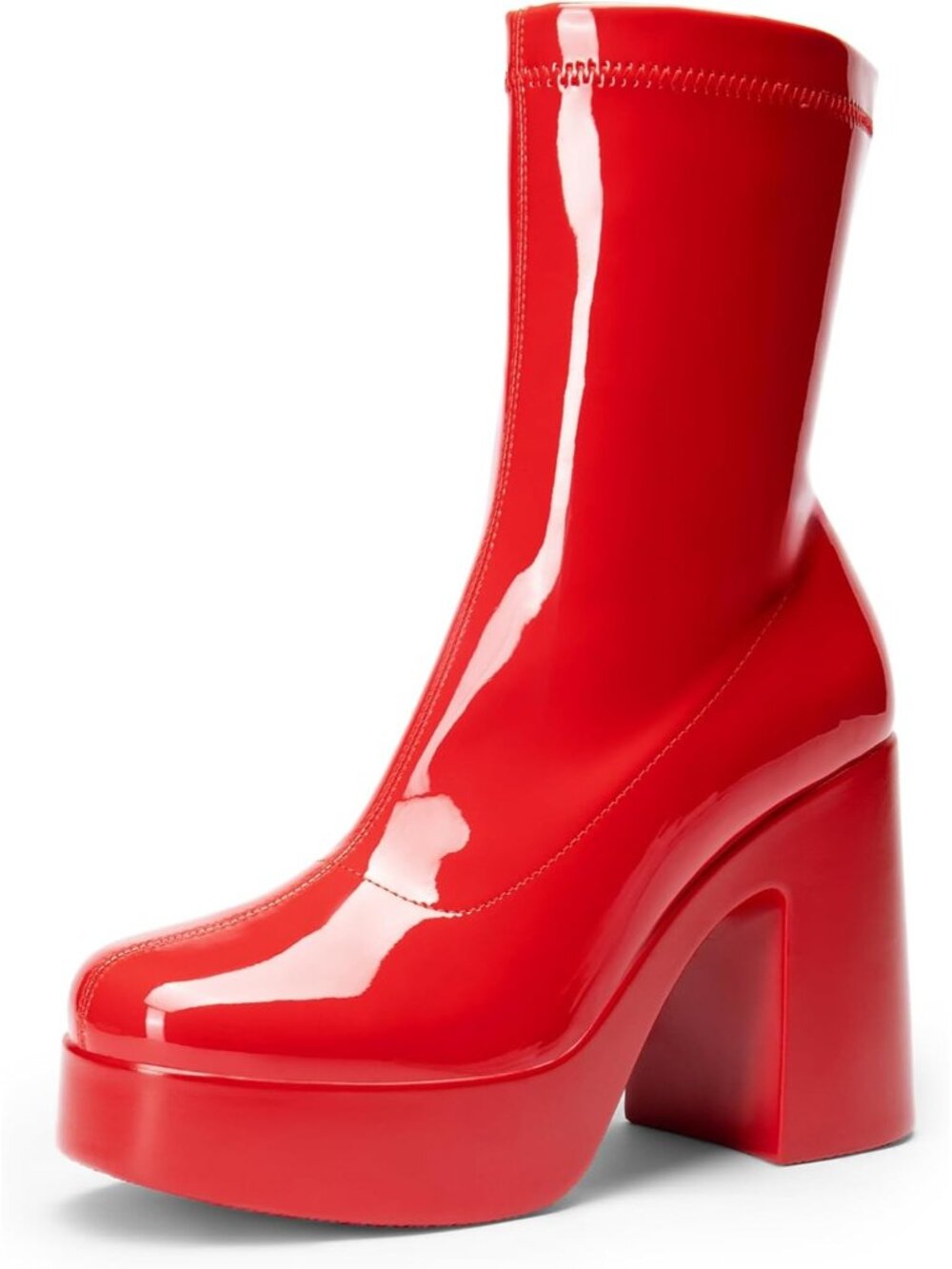 Women's Red Square Toe High Chunky Block Heel Platform Casual Ankle Booties